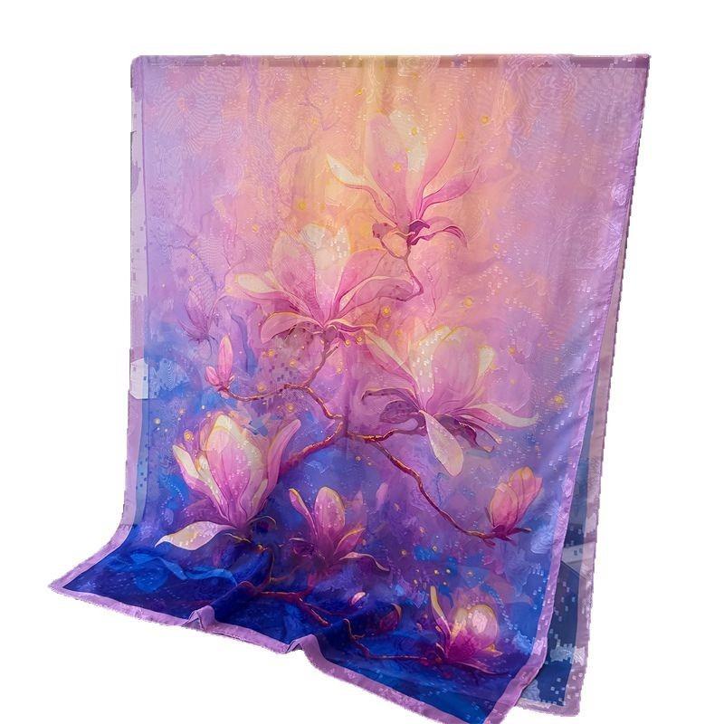 Symphony magnolia print cut flower spring and summer silk scarf large long scarf high-end travel shawl sun protection women's scarf headscarf