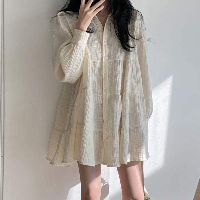 Women Korean Spring Loose Bubble Sleeve Dresses Pleated Elegant Cute Turn-down Collar Shirt Dress Summer