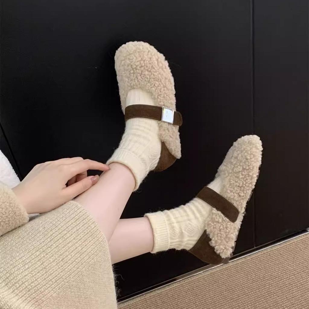 Lamb wool shoes women wear outside in winter autumn and winter new gentle fairy wind velvet warm cotton shoes flat Mary Jane shoes