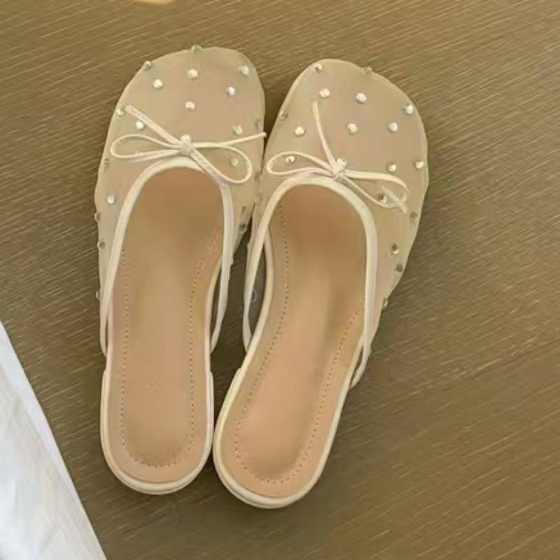 Fashion Low Heels Women's Fashion Round Head Shallow Mouth Crystal Mesh Butterfly Knot Soft Sole Anti-slip Wear-resistant Slippers