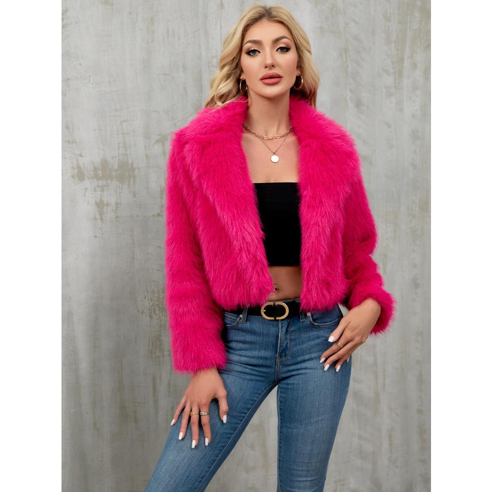 Giacca Corta da Donna Invernale in Ecopelliccia, Cappotto Corto con Scollo a Tacca e Texture Peluche, Capo d'Abbigliamento Casual Chic per Autunno Inverno