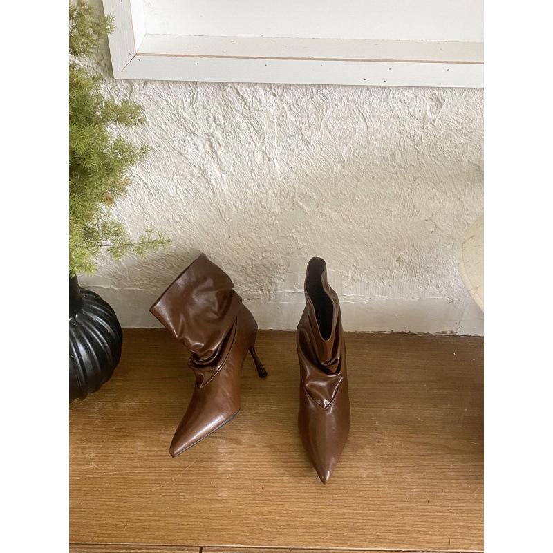 

2025 Европейский и американский стиль заостренный носок универсальные и тонкие ворсовые темпераментные туфли на высоком каблуке короткие ботинки 39 темно-коричневого