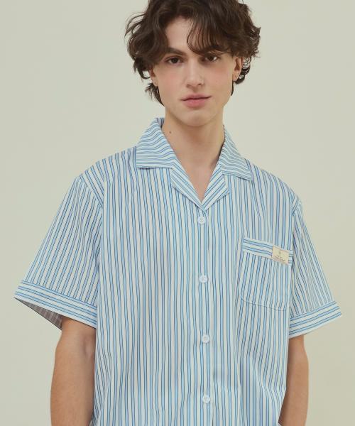 [Pink Zone] Unisex Blaine Stripe Blue Short-Sleeve Collar Pajama Set [Shipped from Korea] 100% Authentic