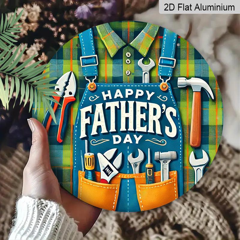 2D Flat, 1pc Round Happy Father's Day Aluminum Hanging Sign, Tool Apron Plaid Design, Durable Metal Wall Decor, Perfect for Dad Gift, Home, Bar