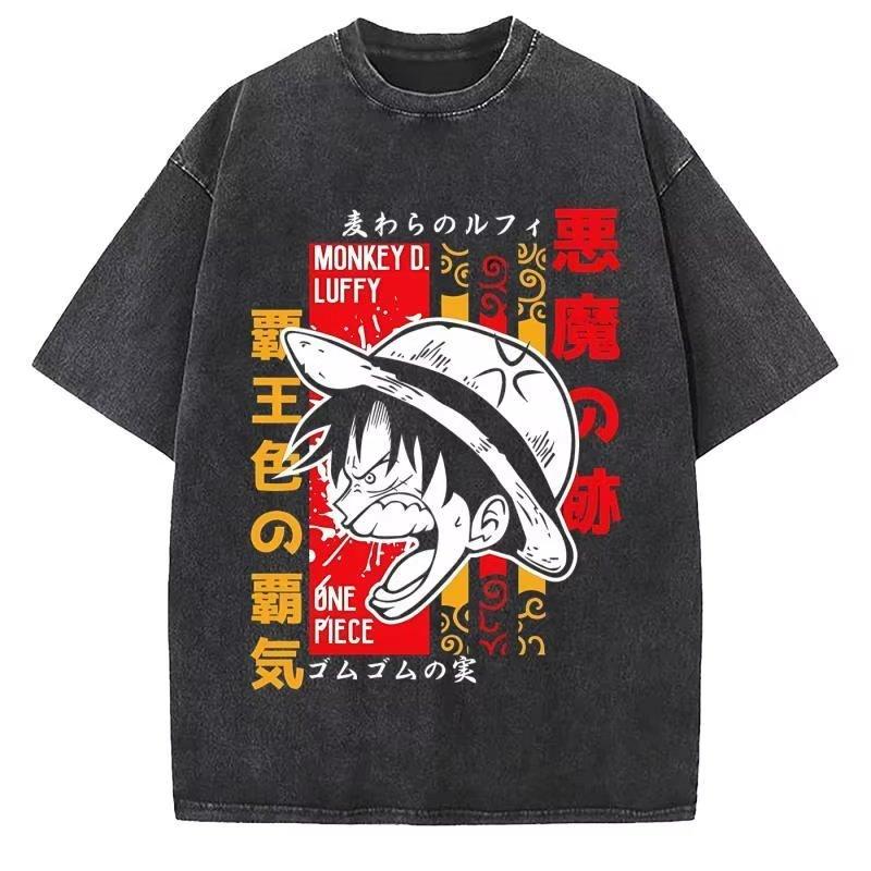 New Anime One Piece Luffy High Quality TShirt Men and Women Cotton Vintage Washed Print Retro Streetwear Family Matching