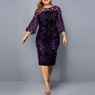 Lady Dress Sequin Mesh Stitching Bodycon Hollow 45720 Sleeve O-neck Midi Dress for
