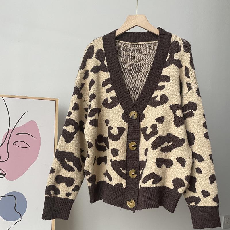 Autumn and Winter Animal Print Knitted Cardigan Women's Soft Thickened Leopard Print Knit Sweater Top
