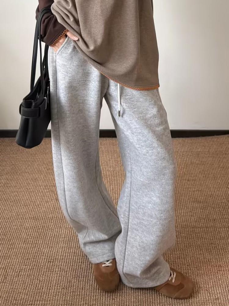 Wen Jiu 2025 Winter High-Waisted Fleece Cropped Wide-Leg Pants Small