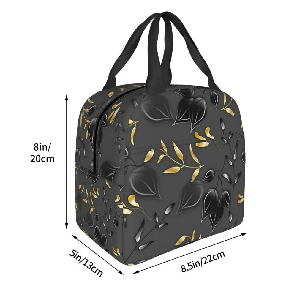 Black Golden Leaf Print Insulated Lunch Bag for Women Children Leakproof Food Boxes Thermal Lunch Box Tote