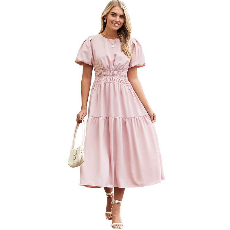

American Shiying Pure Color Puff Sleeve Dress Women 2025 Summer New Arrival Pleated High Waist Slim-Fit Skirt Women Pink Size S fit (45.00 kg-55.00 kg