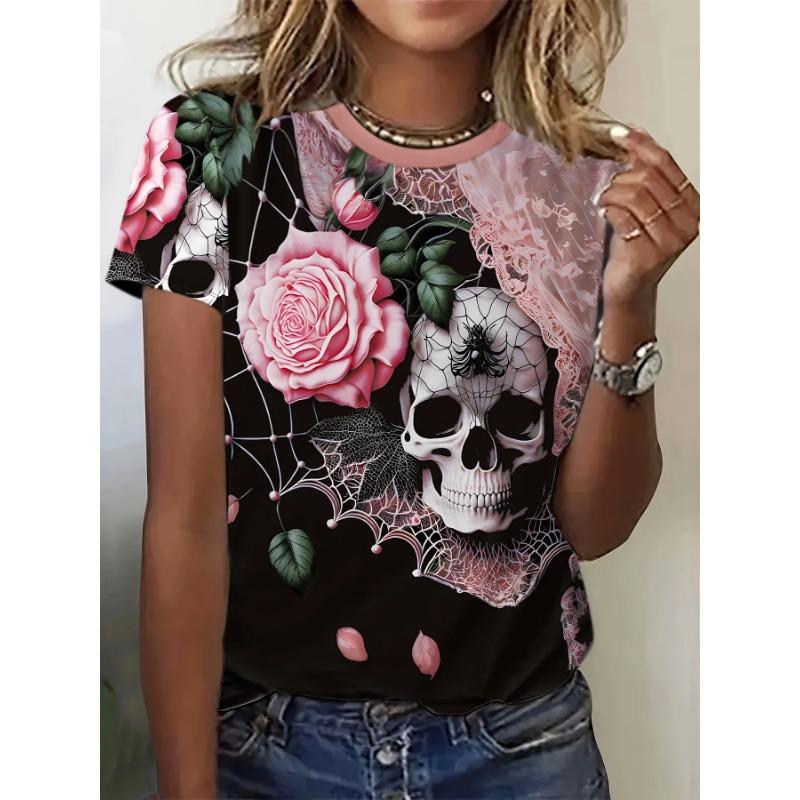 Women s T-shirt with Skull Flower 3D Pattern Printed Casual Short Sleeve 2XS