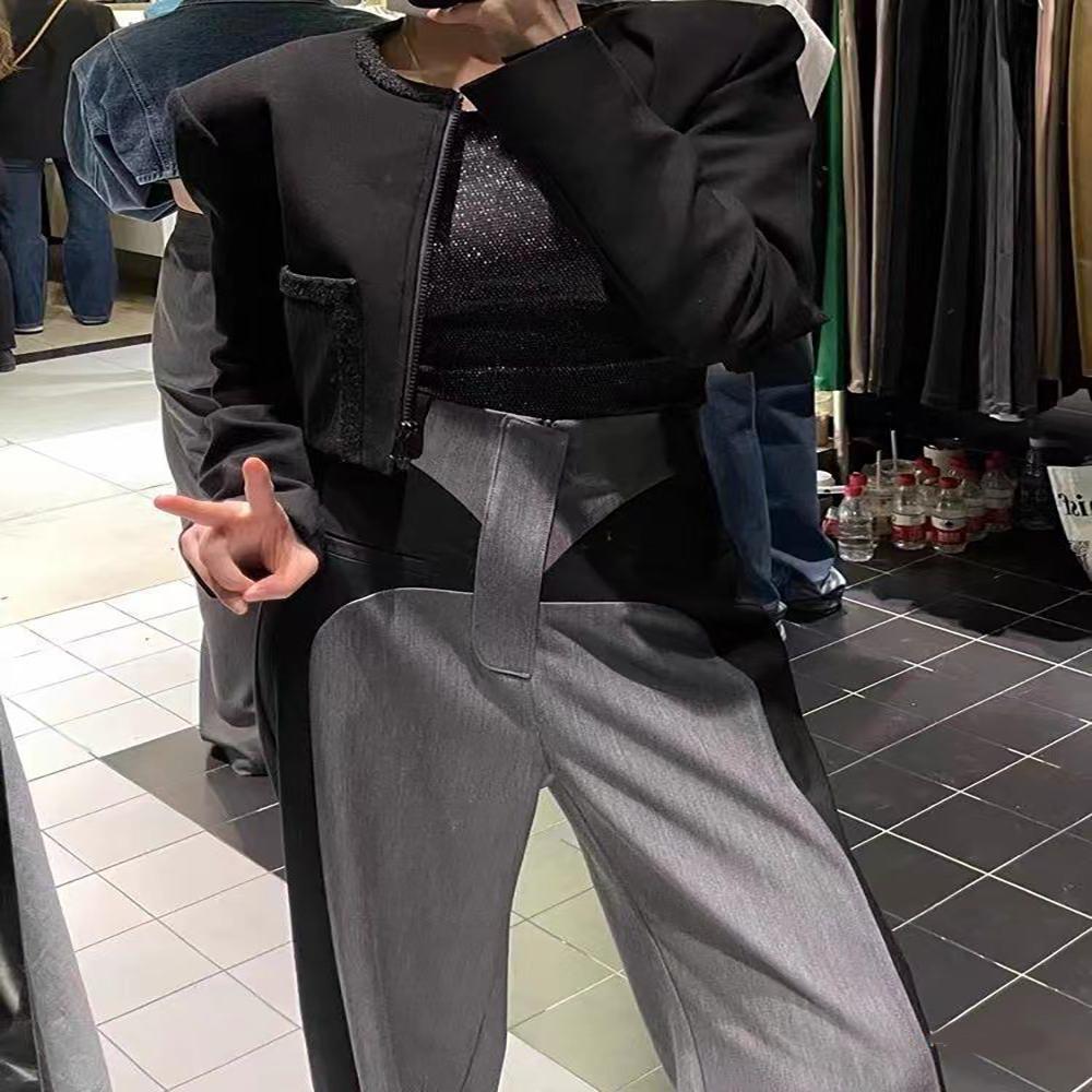 Chestnut Spring Design Sense Color Contrast Patchwork Suit Pants Women's High Waist Slimming Loose Wide Leg Mop Pants