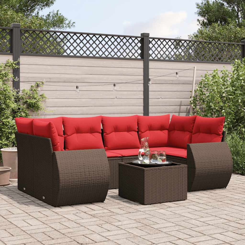 7 Piece Garden Sofa Set with Cushions Brown Poly Rattan