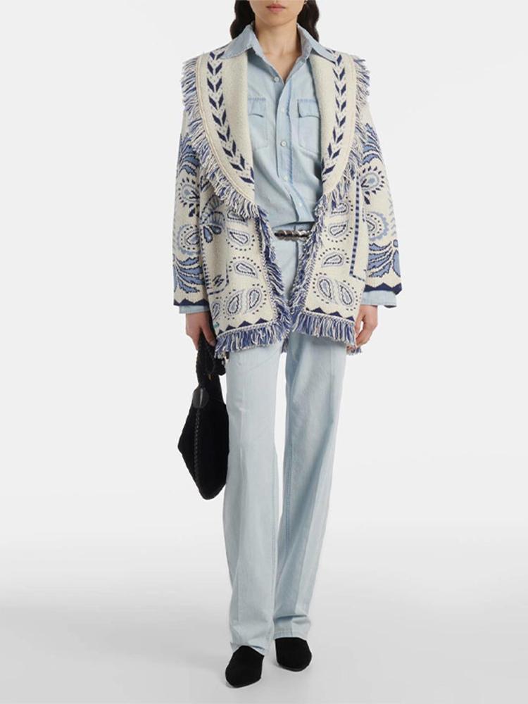 Women's Tassel V-neck Sweater Cardigan Ladies' Ethnic Style Sweater Jacket Ladies' Warm Waist Knitted Sweater Autumn and Winter