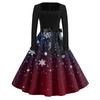 Christmas Print Flare Dress For Women Long Sleeve Dress Hollow Party Casual Square Collar Dresses