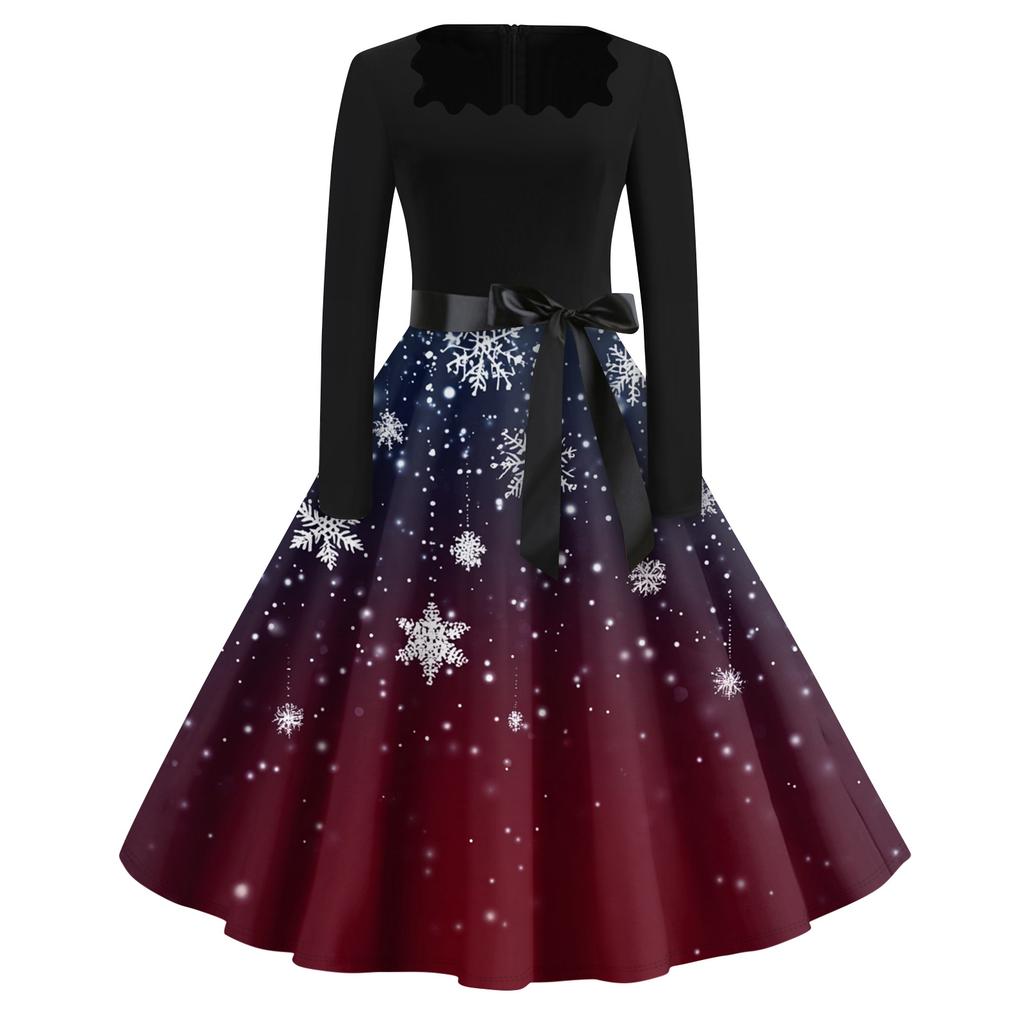 Christmas Print Flare Dress For Women Long Sleeve Dress Hollow Party Casual Square Collar Dresses