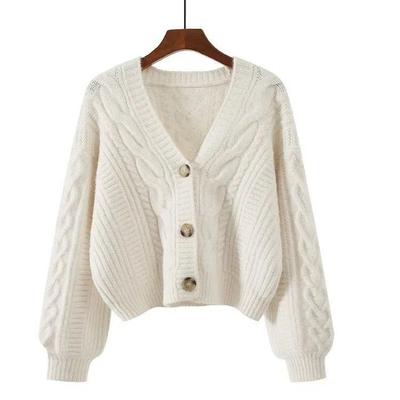 Retro V-Ausschnitt Schlankmachender Strick-Cardigan - Damen Petite Kurzer Pullover für Frühling & Herbst