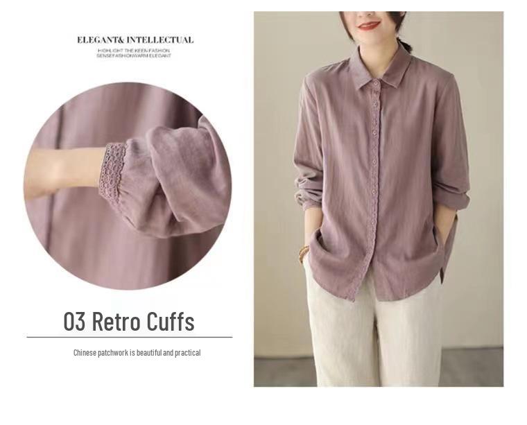 Women's Retro Cotton Linen Long Sleeve Shirt with Lace Detail