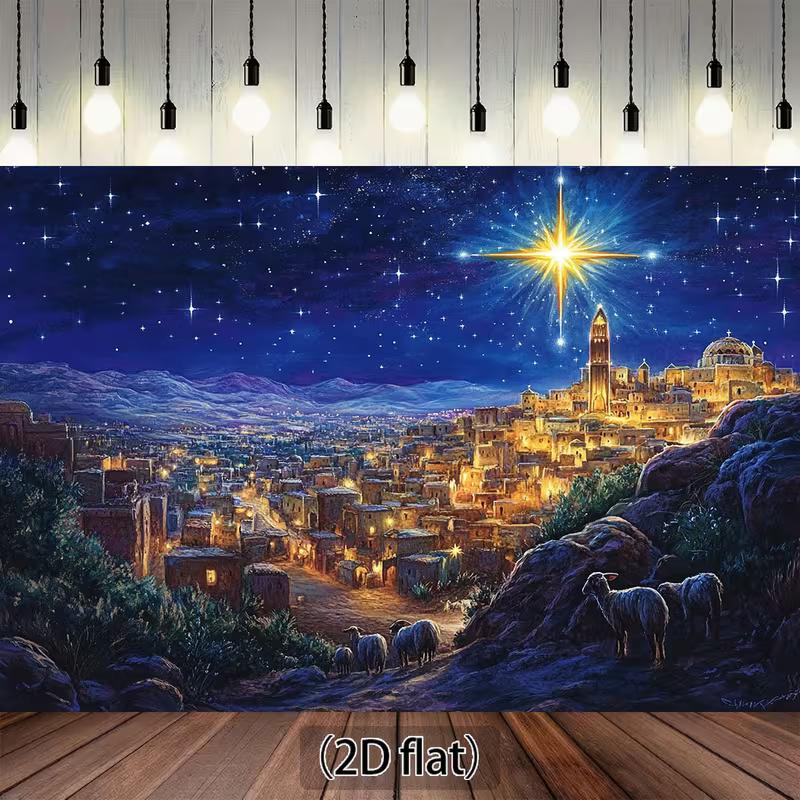 2D Christmas Star Backdrop, Ancient City of Bethlehem Photography Banner 47.2x31.5inch/120*80cm