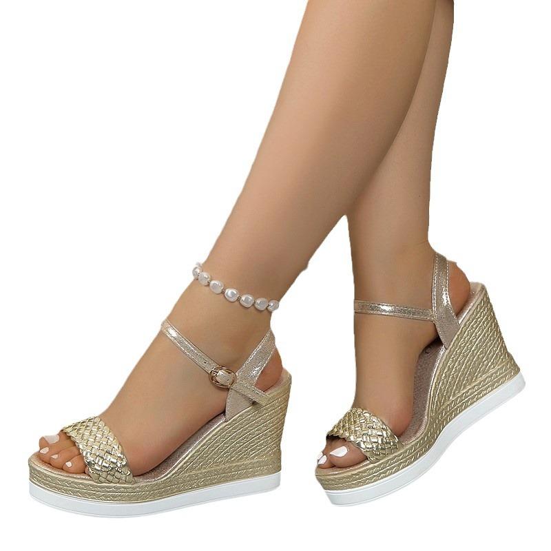 Sandale cu toc plat pentru femei, vara 2024, sandale țesute cu talpă plată și cap rotund roman, pentru exterior, cu gură de pește