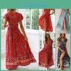 Elegante Vestito Maxi Floreale Boho Estivo da Donna a Wrap con Manica Corta per le Vacanze