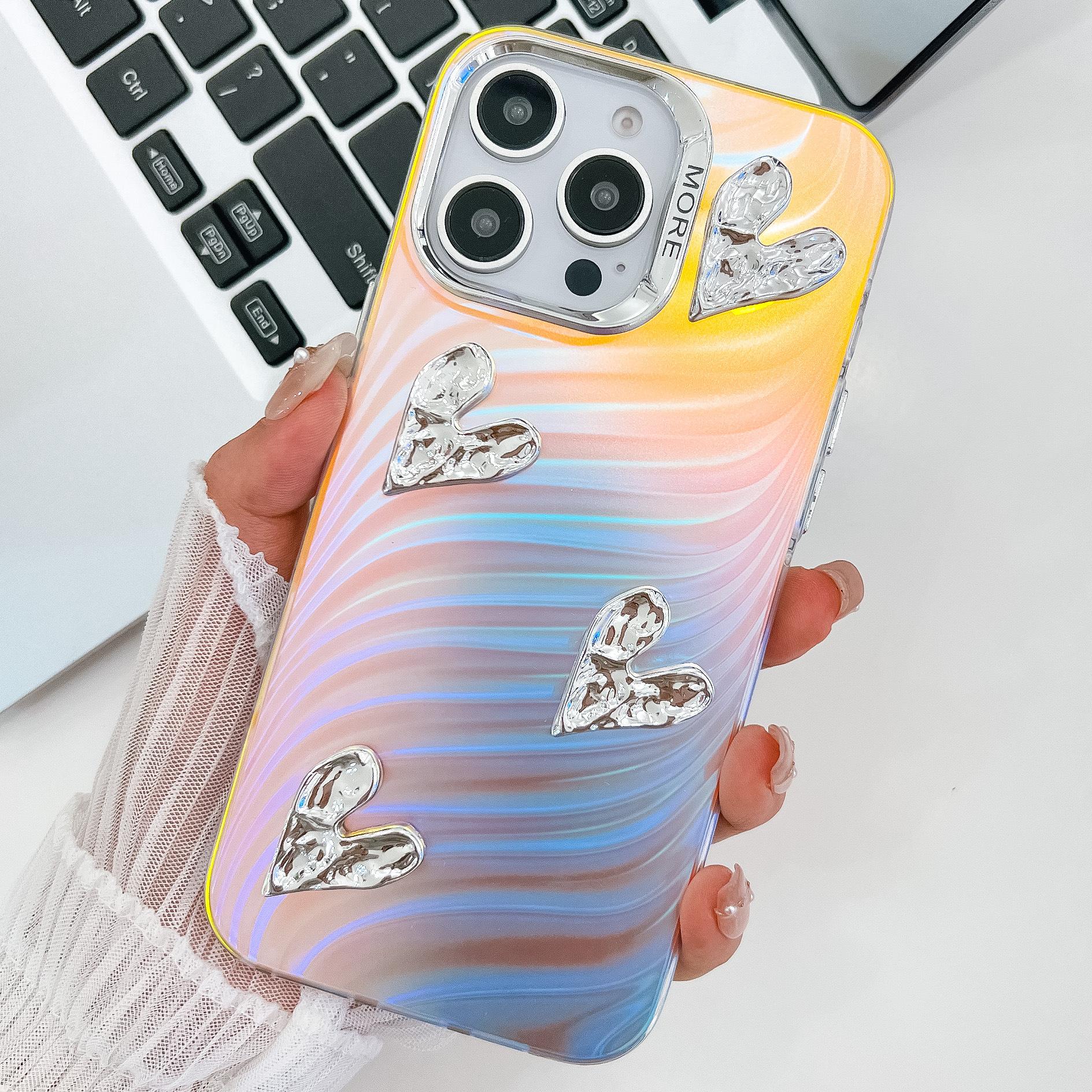 

DIY Three-dimensional Love for IPhone16promax Mobile Phone Case for Apple 15 Electroplated Laser Protective Case For iPhone13Promax