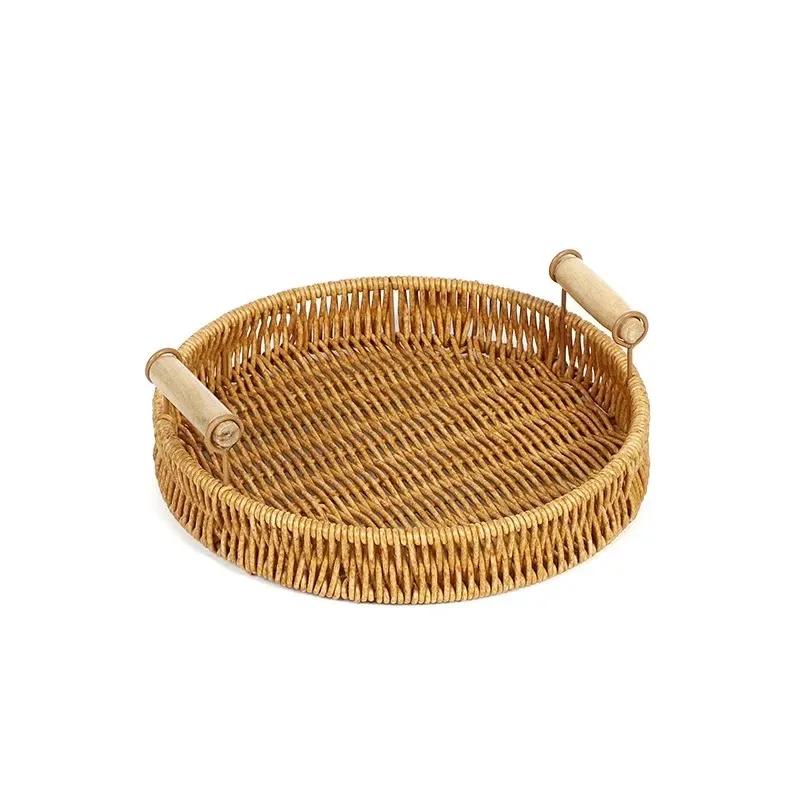 2025 Plastic Storage Tray With Handle Imitation Rattan Weaving Basket Sundries Plate Fruit Platter Tea Tray Dinner Serving Trayfor Imitation
