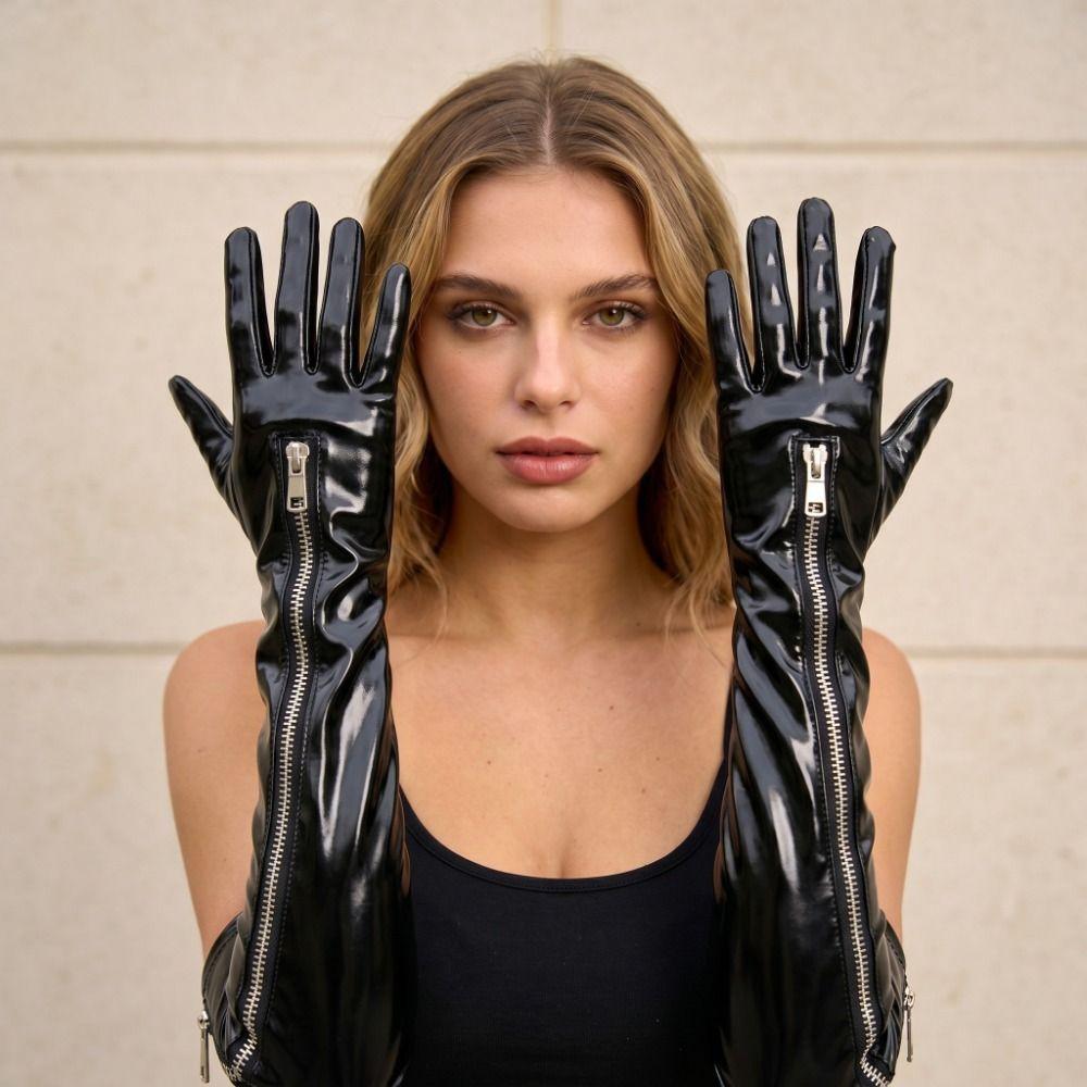 Elastic Patent Leather Black Gloves Shiny Women Gloves Fashion Zipper Long Gloves  Women