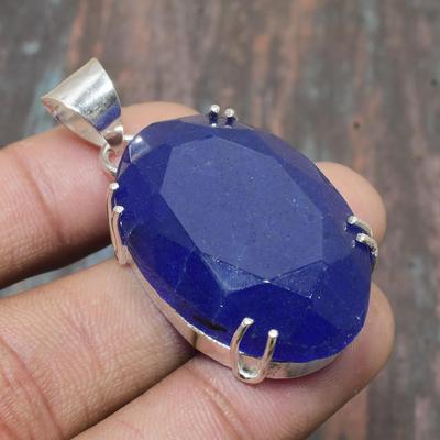 Lab Created Blue Sapphire Gemstone 925 Sterling Silver Handmade Amazing Jewelry Pendant