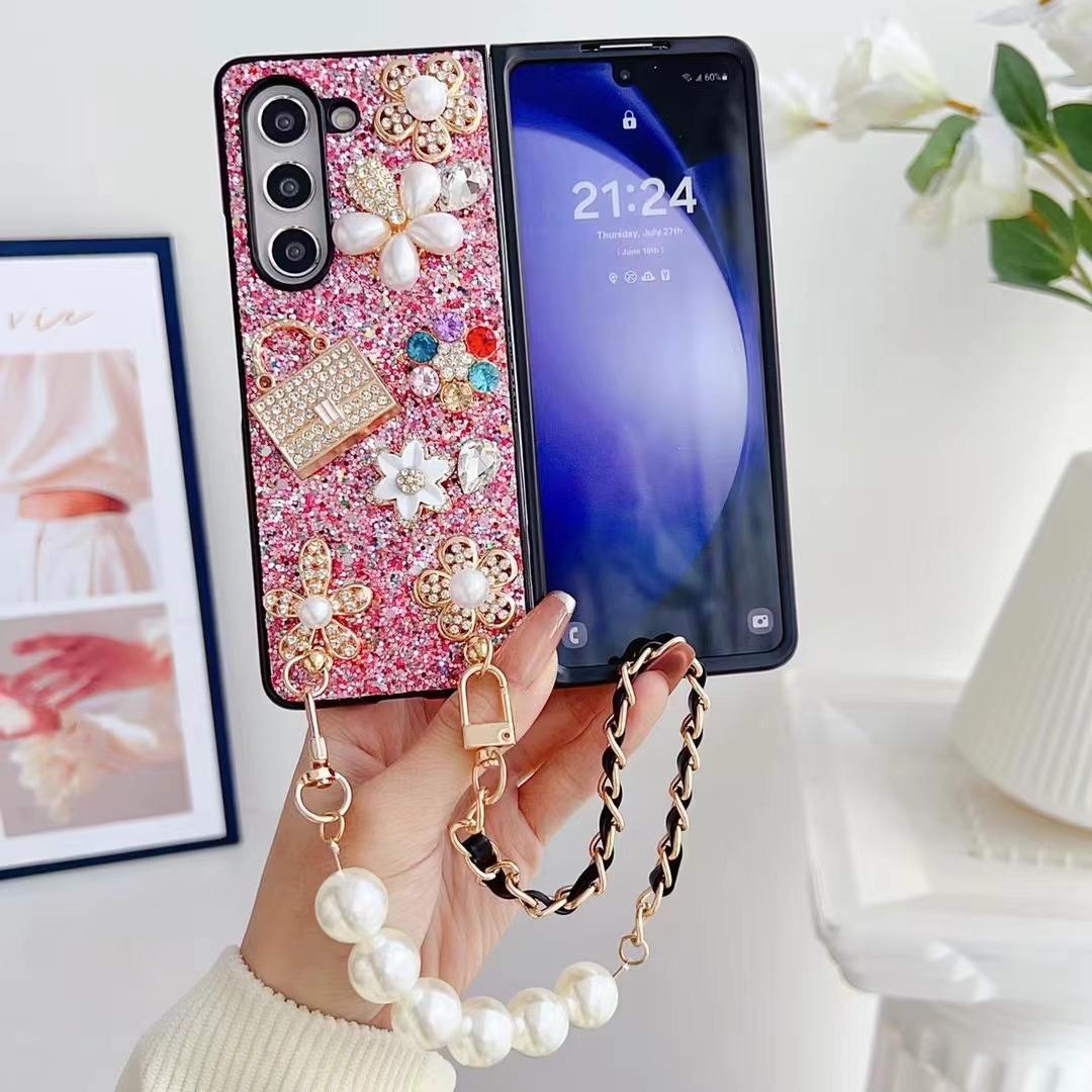 

Чехол для телефона с цепочкой из сверкающего розового бриллианта и жемчуга, подходит для смартфонов Samsung zflip3/zflip4/zflip5, подождите zfold5