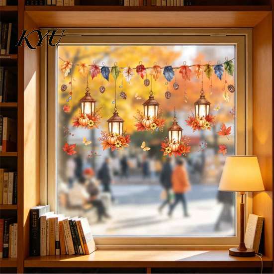Autumn Scene Window Stickers Maple Leaf And Lantern Static Sticker, Double Sided PVC Waterproof Seasonal Art Decals, Removable Electrostatic
