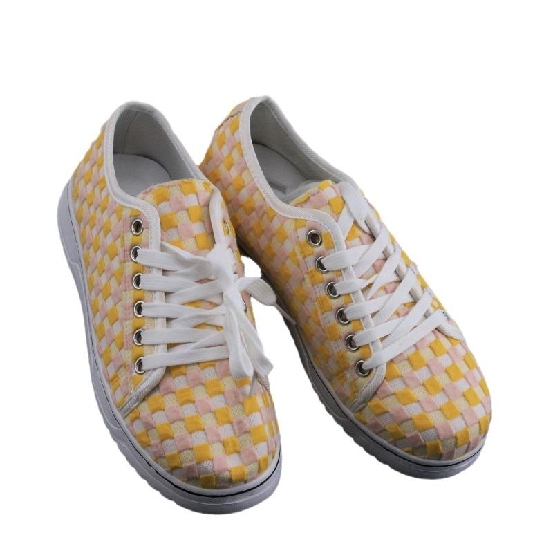 Large size round head versatile women's canvas shoes plaid trend flat baseplate shoes