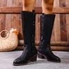Winter 2025 Fleece Belt Buckle Rivet Mid-heel Knight Boots Plus Size Thick Heel Western Boots Women