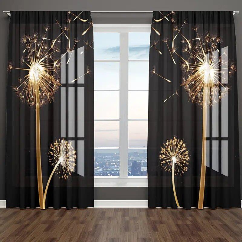 Golden Dandelion Flower Pattern Printed Curtains Suitable Bedroom Living Room Home Decoration Curtain Made Of Polyester Washable Great Ready