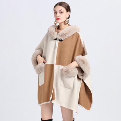 Winter Women Cape Shawl Fur Collar Large Size Knitting Temperament Elegant Cardigan Loose Seven-point Sleeves Tweed Jacket