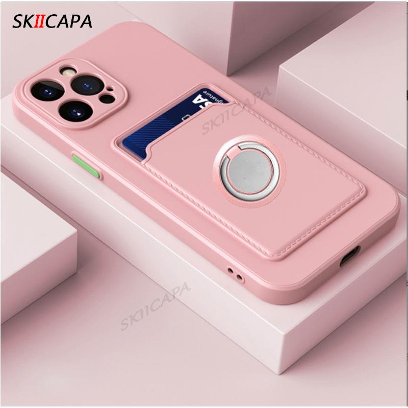 

Wallet Card Slot Silicone case For Iphone 14 13 Pro Max 12 Mini 11 Pro X XS MAX 7 8 Plus Solid Color Magnetic ring holder cover For iPhone 12 mini