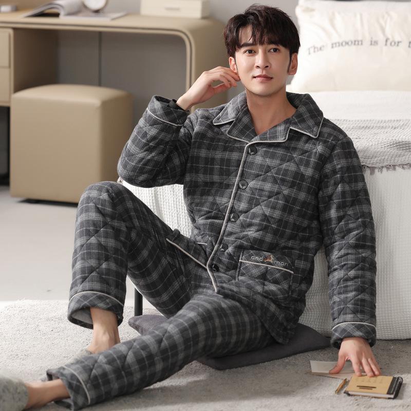 

Пижама мужская зимняя трехслойная утолщенная и вельветовая тканая набивная из чистого хлопка осенне-зимняя теплая домашняя одежда для среднего возраста 3XL