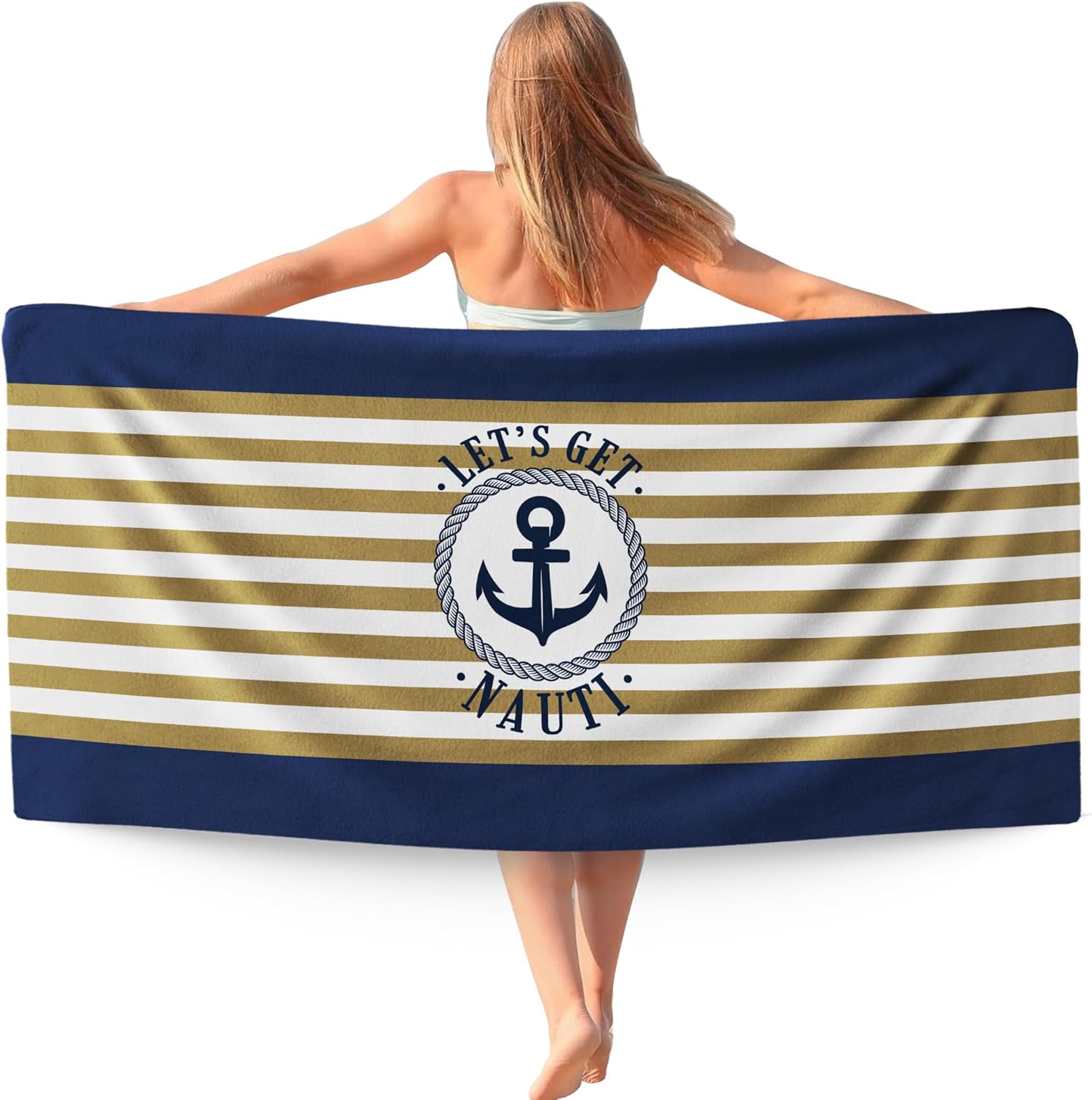 Let s Get Nauti Beach Towel, Funny Navy Blue Nautical Design Quick-Dry Sand-Free Bath Towel for Lake House and Camping W30*H60(CM)
