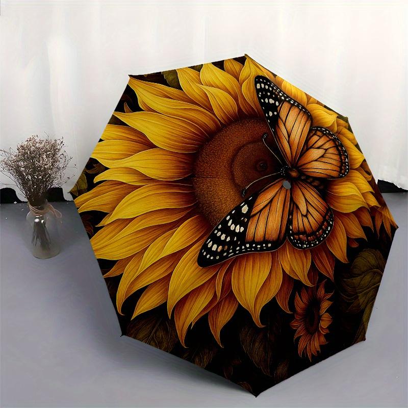 Golden Sunflower Butterfly Wall Art DecorUmbrella, Portable 3-Fold Compact Umbrella for Men & Women Gift