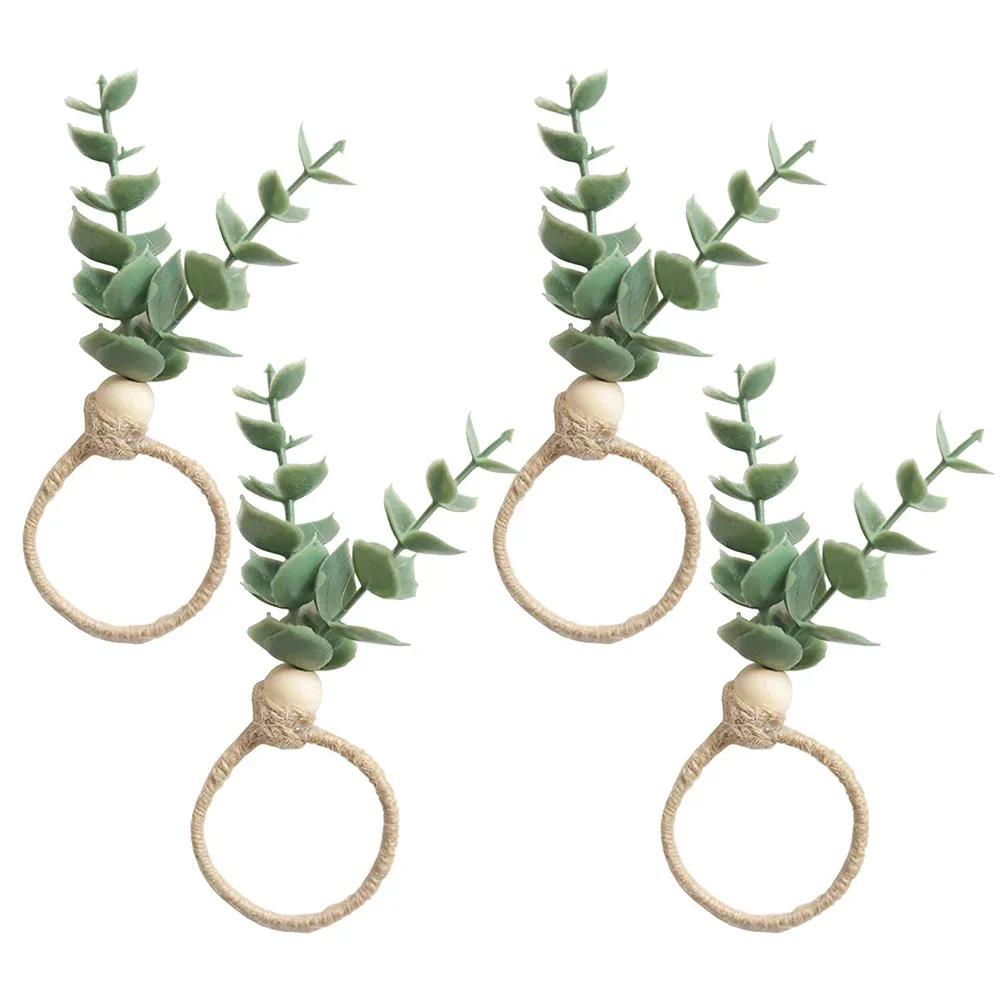 

4Pcs/set Napkin Ring Holders For Kitchen Dining About 4-5cm Interior Diameter Rustic Eucalyptus Leaf Rings Wood Bead Napkin Ring