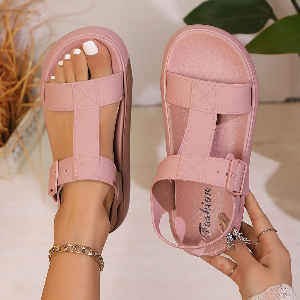 Sandale cu platformă late pentru femei, tip slide - Pantofi de plajă cu toc jos, cu degetele descoperite și baretă la gleznă, Sandale casual de vară cu pană joasă pentru exterior
