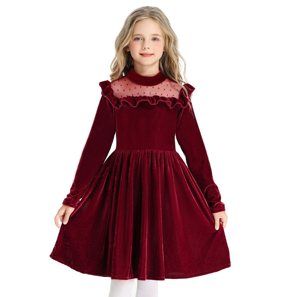 2026 ruffle edge long sleeve dress princess christmas costume party performance clothes children's dress girls mesh yarn