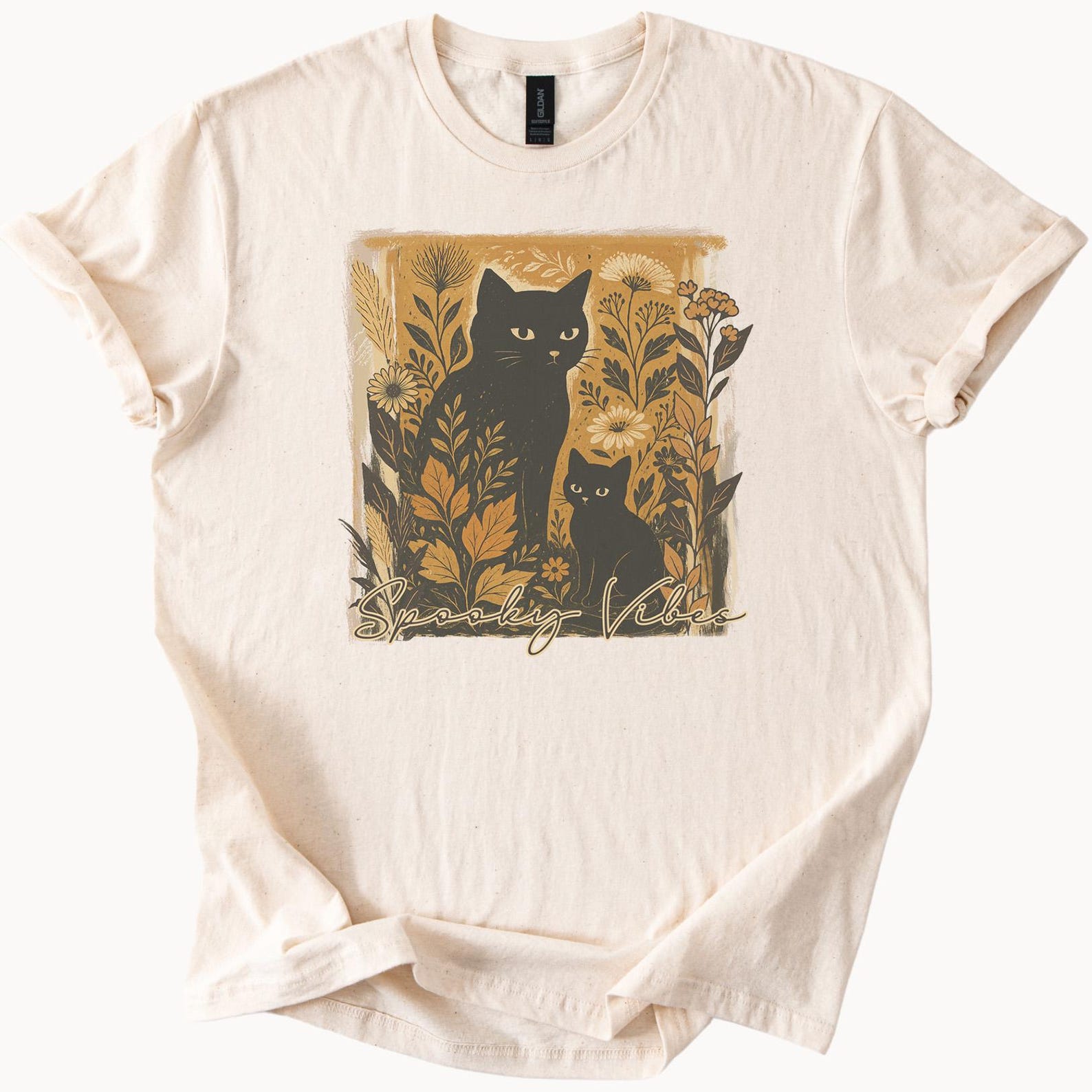 Spooky Vibes Black Cat Graphic T Shirt Halloween Floral Botanical Art Tee Cute Aesthetic Fall Shirt for Cat Lovers Gift 160