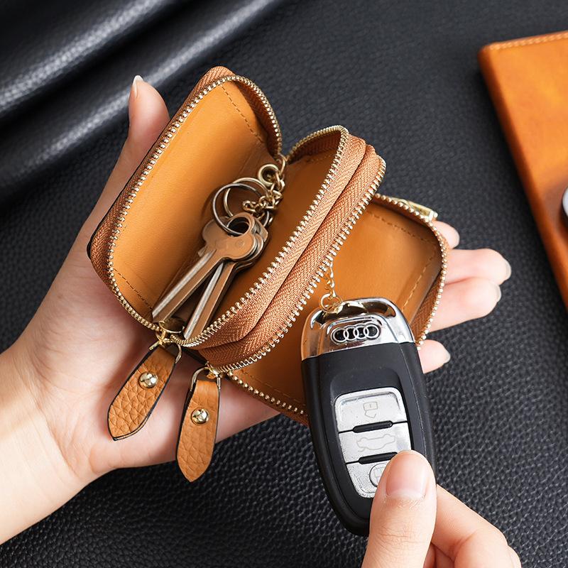 New Leather Double-layer Car Key Bag, First-layer Cowhide Car Key Protection Leather Case, Household Key Bag.