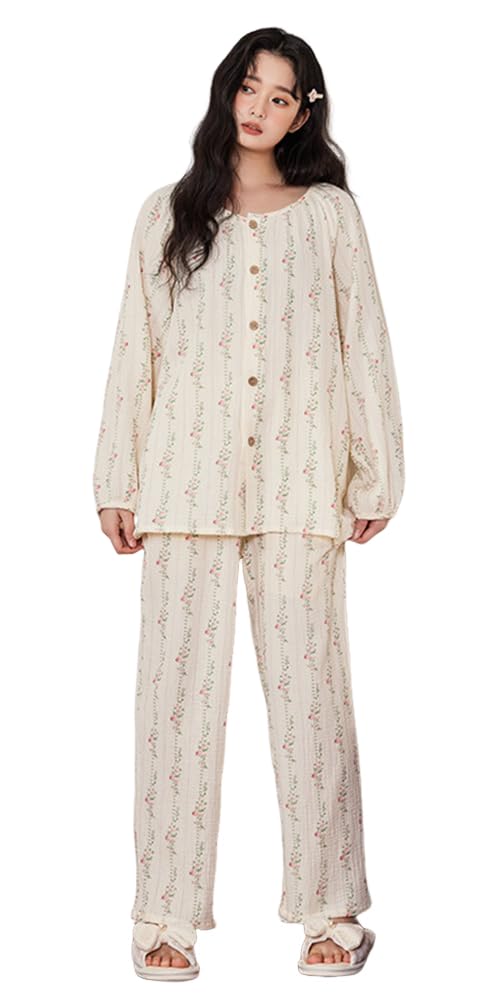 RAVIR Cotton Double Gauze Long Round Floral Ivory and Size M Women's 100% Pajamas, Sleeves, Neck, Print, Girly, Pink,