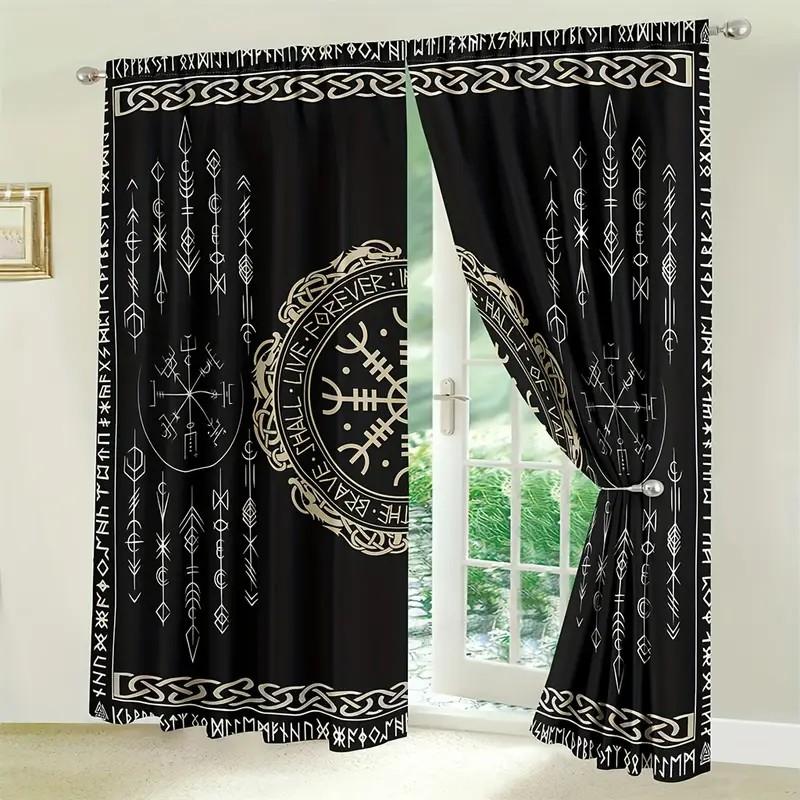 Jit Rune Pattern Curtain Viking Design Room Darkening Polyester Home Decor Window Treatment Curtains Blackout Set Of 2 Made With Rod Pocket