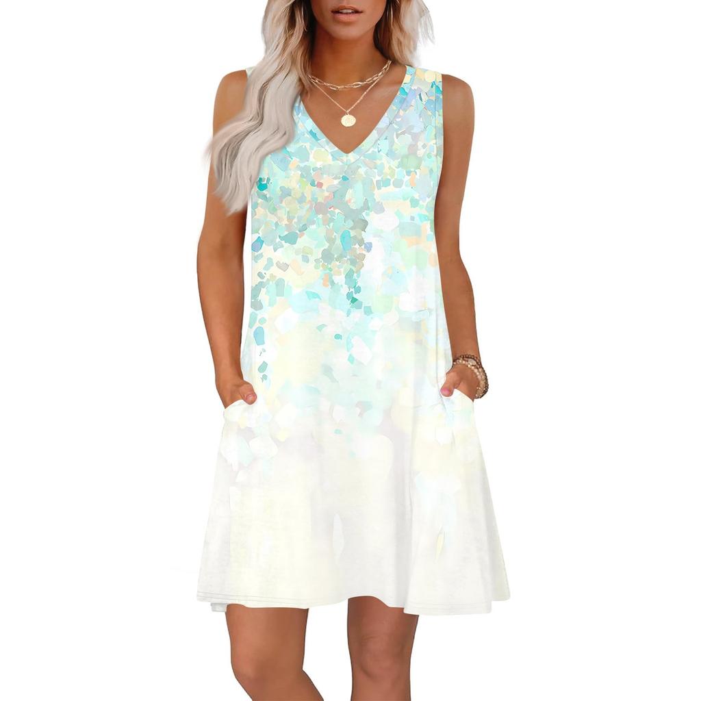 Women's Summer Dresses Loose Fit Printed V Neck Sleeveless Sundresses Beach Hawaiian Dress With Pockets