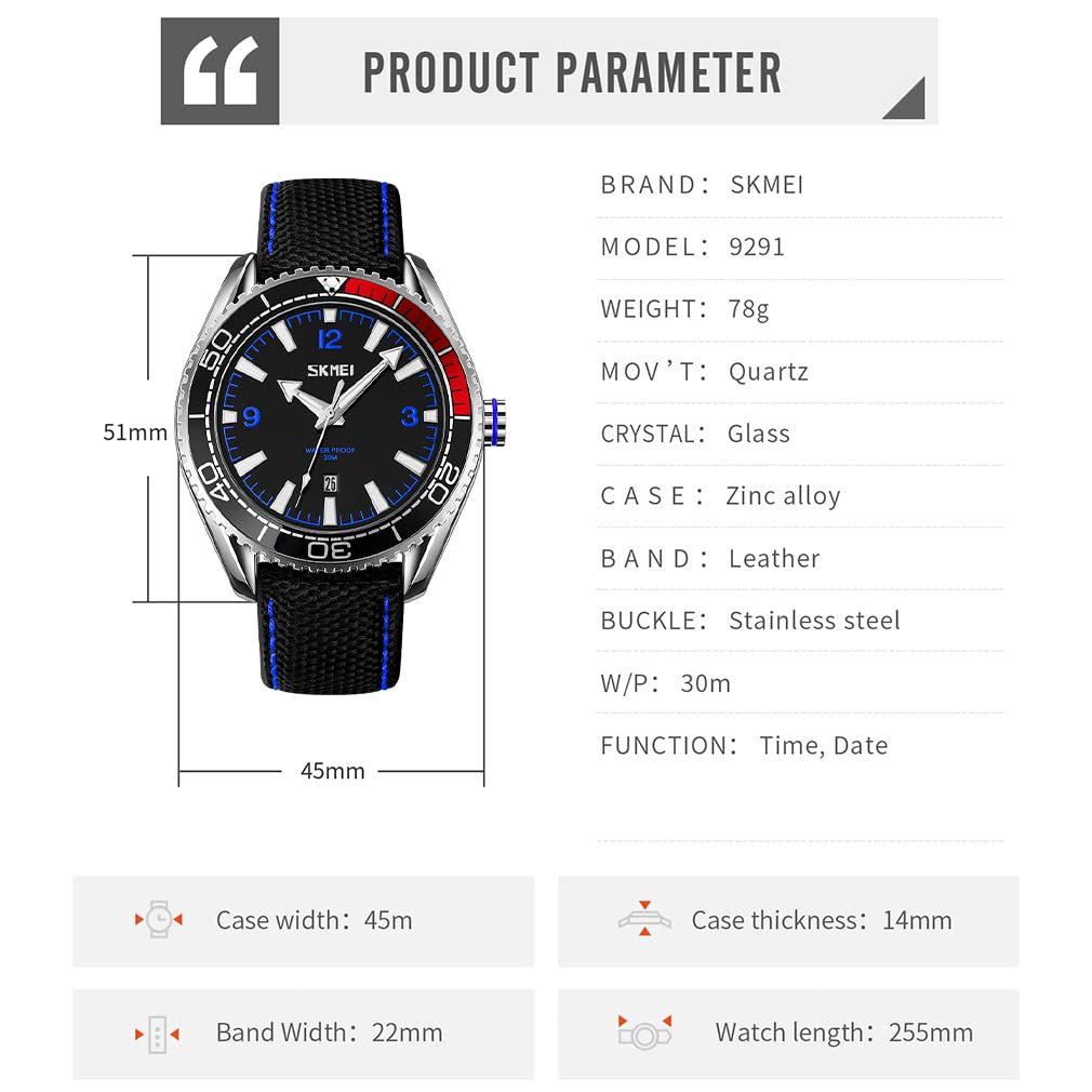 SKMEI Men's Sports Watch, Black, Leather Strap, Waterproof, Large, Casual, Business, Big Face, Analog, Fluorescent, Luxury, Gift, Black/Blue