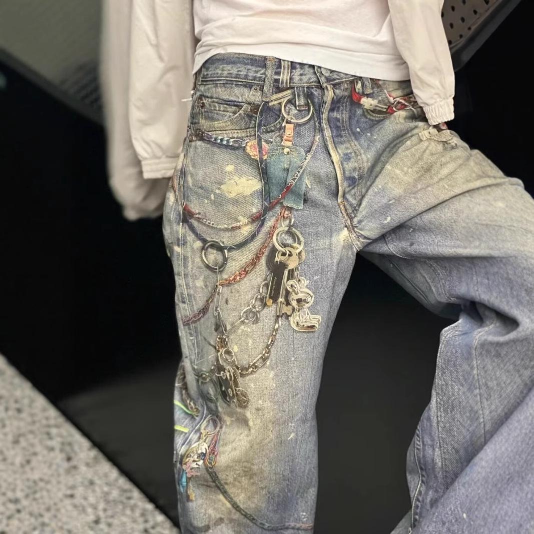 

«Мужские джинсы прямого покроя с потертостями, в европейском/американском уличном стиле, стираные, для весны/осени» XXL