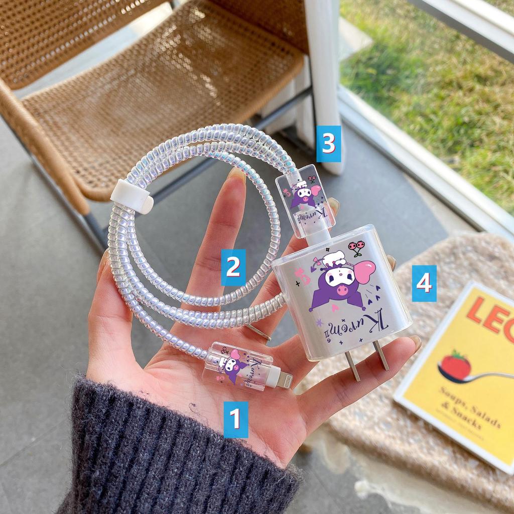 Apple Data Cable Protection Kit: 20W Charging Head, Transparent Cartoon Design, 4-Piece Set